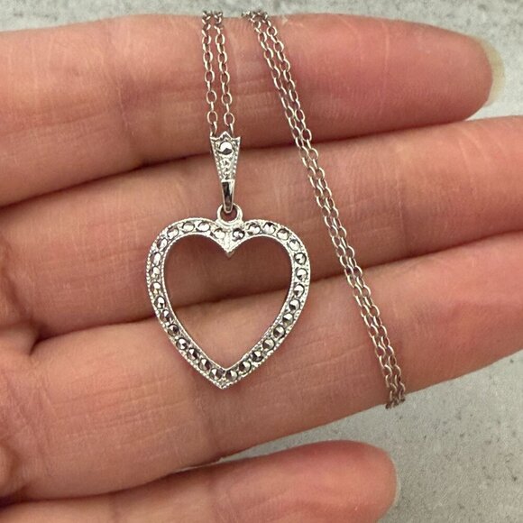 Theda Jewelry - Vintage Theda .925 Sterling Marcasite Open Heart Pendant Necklace with 16" Chain
